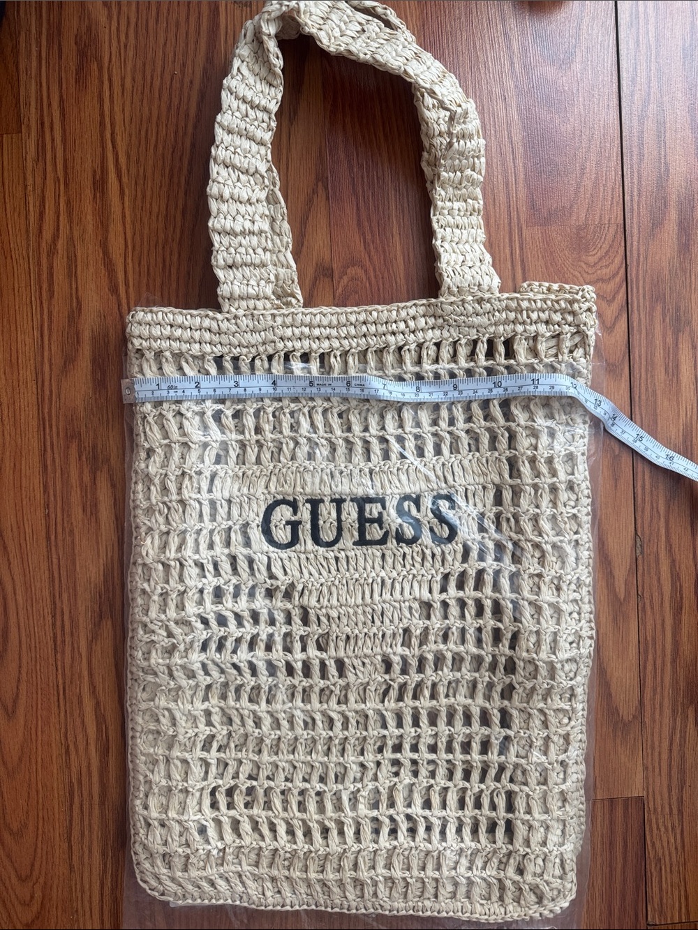 GUESS Natural Crochet Open-Weave Tote with Logo